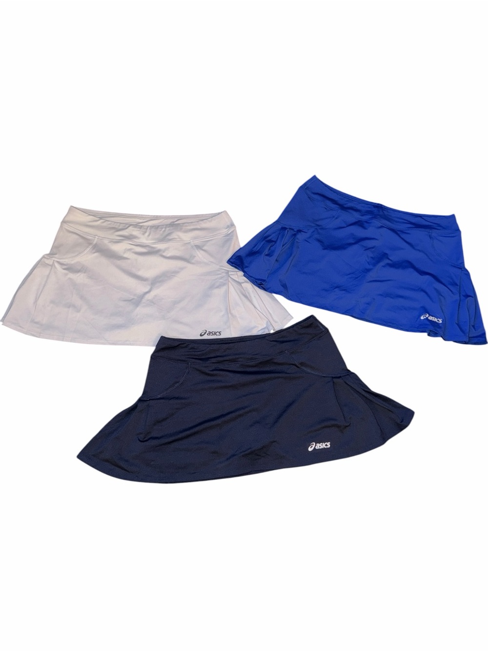 Asics Women’s Tennis Pickleball Skirts in White, Royal Blue, and Navy